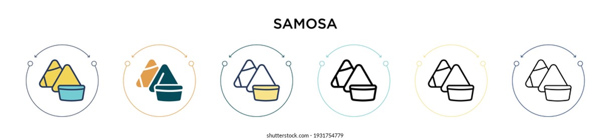 Icono de samosa en el estilo relleno, delgado, contorno y trazo. Ilustración vectorial de dos iconos vectoriales de color y negro samosa se puede utilizar para móviles, ui, web