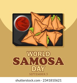 Samosa illustration, with bold world samosa day writing, to celebrate world samosa day, September 5.