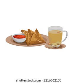 Samosa illustration design vector. typical indian food with sauce. and hot spice drink
