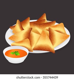 Samosa Indian street fast food. On a dark background in a plate. With sauce and curry. Vector illustration.