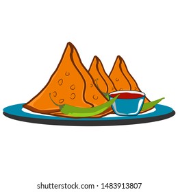 Samosa Indian Street Food Vector In Round Plate