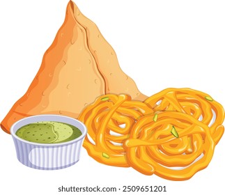Samosa with Jalebis and Mint Chutney - Indian Street Food Vector Illustration 