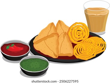 Samosa, Jelabi und Chai serviert mit grünen und roten Chutneys. Indian Street Food Vektor Kunst 