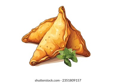 samosa with mint leaves on white background vector 