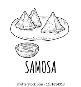 Samosa on board with sauces in bowl. Indian traditional food. Vector black vintage engraving illustration for menu, poster, web. Isolated on white background