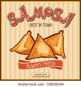 The Samosa. Oriental Cuisine. Vintage Vector Illustration.