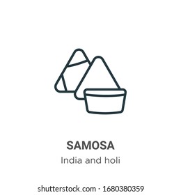 Samosa outline vector icon. Thin line black samosa icon, flat vector simple element illustration from editable india and holi concept isolated stroke on white background