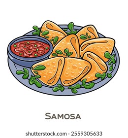 Samosa is a popular crispy triangular pastry filled with spiced potatoes, peas, or minced meat, deep-fried to golden perfection and typically served with tangy chutney