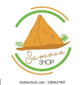 Samosa Shop Logo, Indian Or Pakistani Spicy Snacks, Traditional Ramadan Dinner - Vector