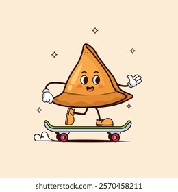 Samosa with skateboard retro cartoon vector illustration