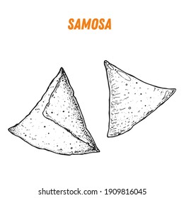 Samosa sketch, Indian food. Hand drawn vector illustration. Sketch style. Top view. Vintage vector illustration.