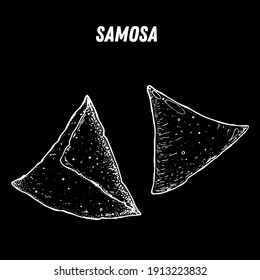 Samosa sketch, Indian food. Hand drawn vector illustration. Sketch style. Top view. Vintage vector illustration.