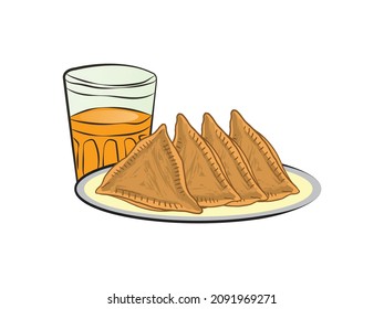 Samosa with Tea. Indian traditional food. Vector illustration. Isolated on white background
