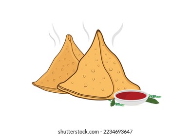 Samosa with tomato sauce vector illustration.