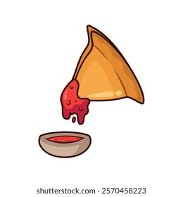 Samosa triangular pastry ketchup dip vector illustration.