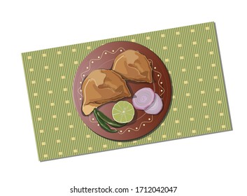 Samosa vector illustration with lemon, green chili, And onion slice