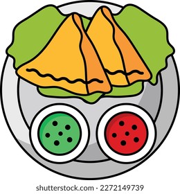 Samosas with chutney and green chilies Concept, vector outline color icon design, Asian Cuisine symbol, Famous Dish Sign, Street Food stock illustration