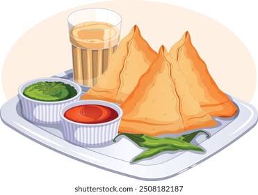 Samosas mit Masala Chai, Tamarind und Mint Chutneys auf Metalltablett - Indian Street Food Vektorgrafik 