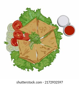 Samosas are triangular fried pastries filled with boiled potatoes seasoned with spices mixed with peas, onions and cilantro that are popular in the Middle East.