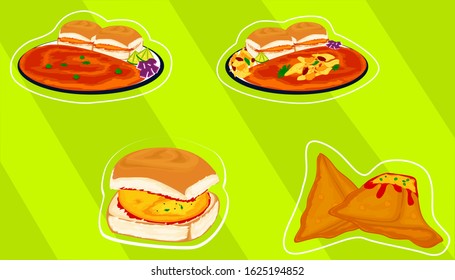 Samosa,Vadapav,Pav bhaji,Misal Pav indian Street Food Vector