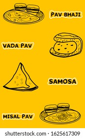 Samosa,Vadapav,Pav bhaji,Misal Pav indian Street Food Vector