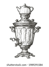 Samovar for boiling water. Russian traditional old fashioned style of tea drinking. Sketch vector illustration