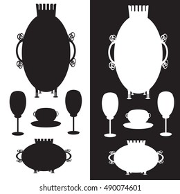 Samovar and a cup. Black and white silhouettes.