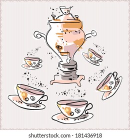 Samovar and cups with tea on a striped cloth. Illustration. 