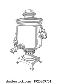 Samovar flat vector illustration. Antique stylized drawing of thin lines. cooking utensils