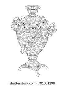 Samovar with high details. Adult antistress coloring page with russian national dishes. Black white utensils isolated on white background. Sketch for tattoo, poster, print, t-shirt in zentangle style.