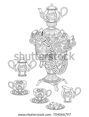 Samovar High Details Adult Antistress Coloring Stockvector