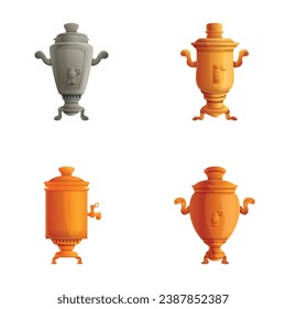 Los iconos de Samovar establecen el vector de dibujos animados. Equipo de producción de bebidas calientes. Samovar ruso tradicional