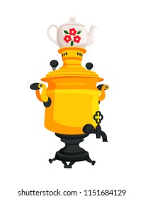 Samovar with kettle decorated with flowers and leaves. Russian object to make hot drinks beverages in winter seasons isolated on vector illustration