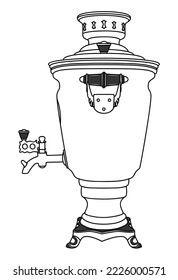 Samovar, old obsolete item of national cuisine. Tea party, table gatherings. Metal large kettle used to heat and boil water. Russian traditional national kitchen. Sketch, linear contour drawing