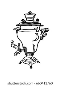 Samovar russian tea, russian doll, russian folk vintage design logo. Isolated object illustration black on white background vector