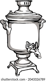 Samovar, Russian traditions, tea drinking. The drawing is black and white.