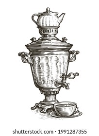 Samovar sketch. Russian traditional old fashioned style of tea drinking. Vintage vector illustration