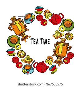 Samovar and tea cup. Tea time. Baking: bagel and bun. Candy and apples. Teapot. Frame - wreath.