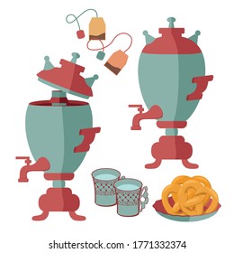 The samovar. Traditional kettle. Teapot pouches. Cups. Pretzels in a plate.