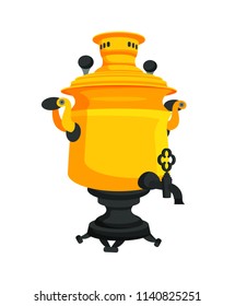 Samovar traditional Russian item. Highly decorated tea urn used in Russia in winter period to make hot beverages. Drinks making vector illustration