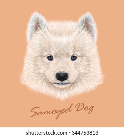 Samoyed dog animal cute face. Vector cute white eskimo spitz Samoyed puppy head portrait. Realistic fur portrait of purebred young happy siberian sammy doggy isolated on peach background.