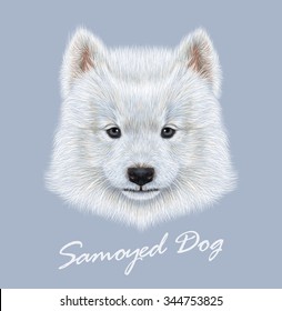 Samoyed dog animal cute face. Vector cute white eskimo spitz Samoyed puppy head portrait. Realistic fur portrait of purebred young happy siberian sammy doggy isolated on blue background.