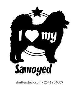  Samoyed. Hund Silhouette, ich liebe meinen Hund, Hund, Hunderassen, Logo, Vektor, Silhouette, Tier, Illustration, Symbol, Zeichen, schwarz, Haustier,