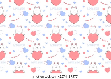 Samoyed husky dog in love and hearts. Seamless pattern for Valentines day. Festive design for wrapping paper, fabric, wallpaper, cards. Vector illustration