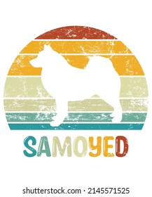 Samoyed Retro Vintage Sunset T-shirt Design template, Samoyed on Board, Car Window Sticker, POD, cover, Isolated white background, White Dog Silhouette Gift for Saint Bernard Lover