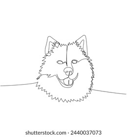 Samoyed, sled dog, aboriginal breed, companion dog one line art. Continuous line drawing of friend, dog, doggy, friendship, care, pet, animal, family, canine.