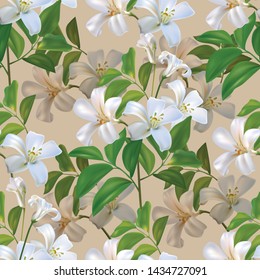  Sampaguita jusmine white flower and green leaves seamless pattern - Vector illustration