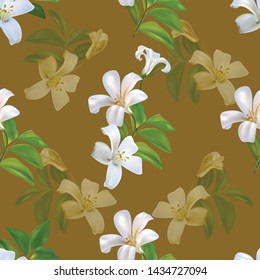  Sampaguita jusmine white flower and green leaves seamless pattern - Vector illustration