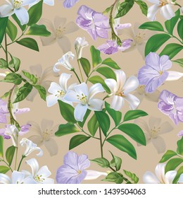  Sampaguita jusmine white flower and green leaves seamless pattern - Vector illustration