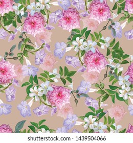  Sampaguita jusmine white flower and green leaves seamless pattern - Vector illustration